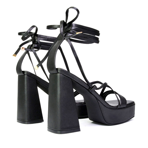 Eden Square Toe Lace Up Strappy Platform Flared Block High Heels in White