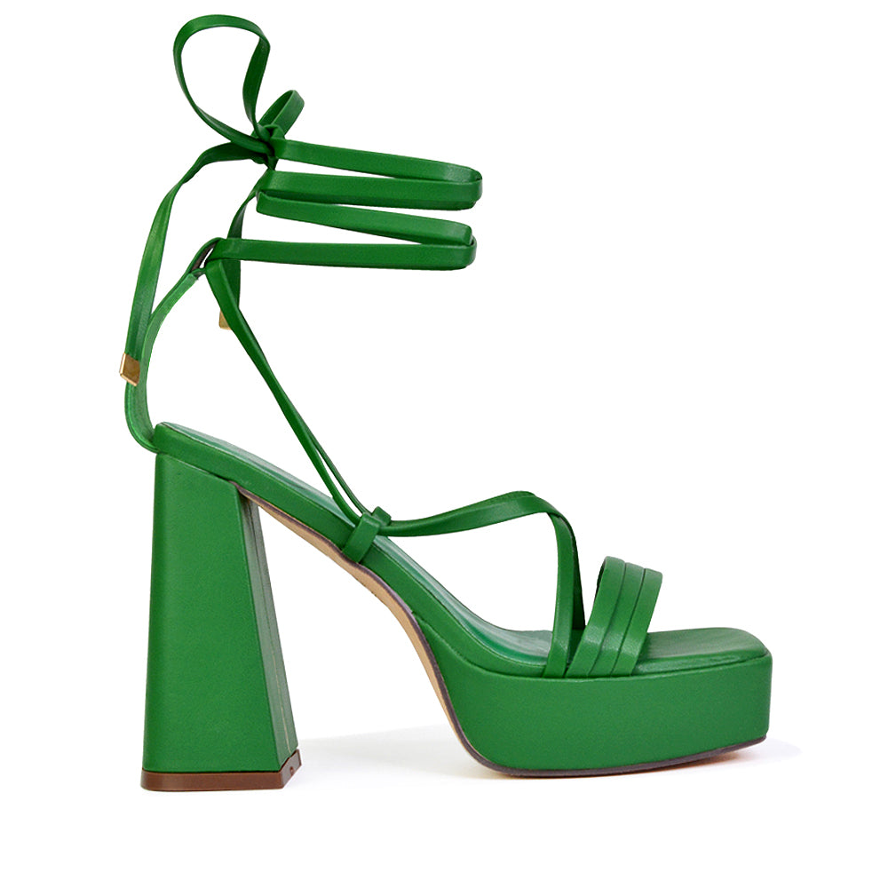 Eden Square Toe Lace Up Strappy Platform Flared Block High Heels in Green