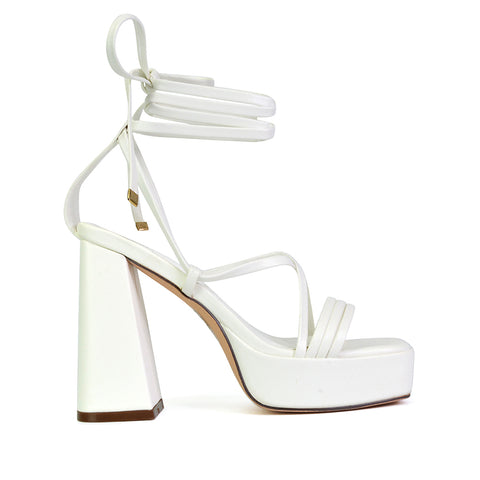 Eden Square Toe Lace Up Strappy Platform Flared Block High Heels in White
