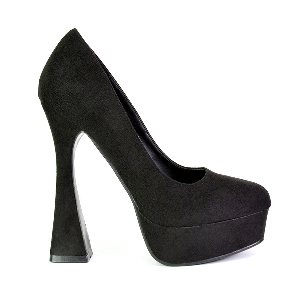 Karlie Flared Curved Stiletto Platform High Heel Court Shoes in Black