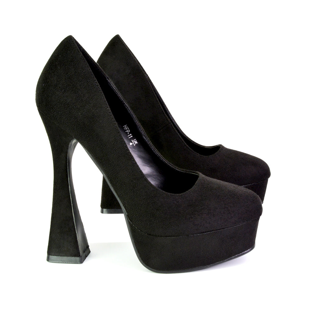 Karlie Flared Curved Stiletto Platform High Heel Court Shoes in Black
