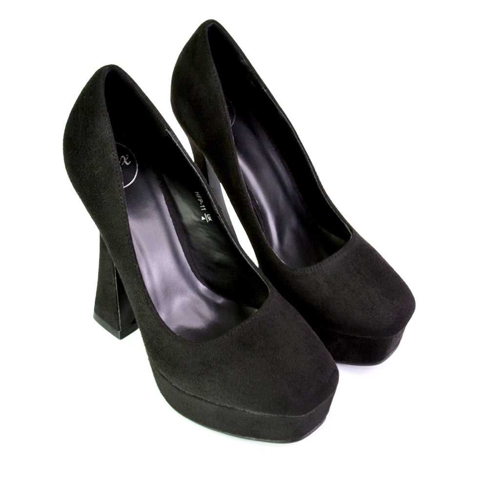 Karlie Flared Curved Stiletto Platform High Heel Court Shoes in Black
