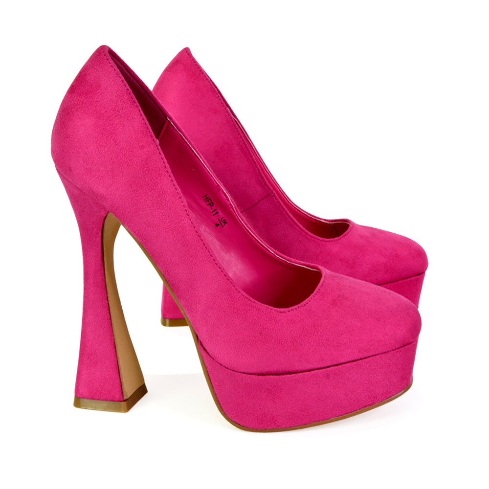 Karlie Flared Curved Stiletto Platform High Heel Court Shoes in Fuchsia