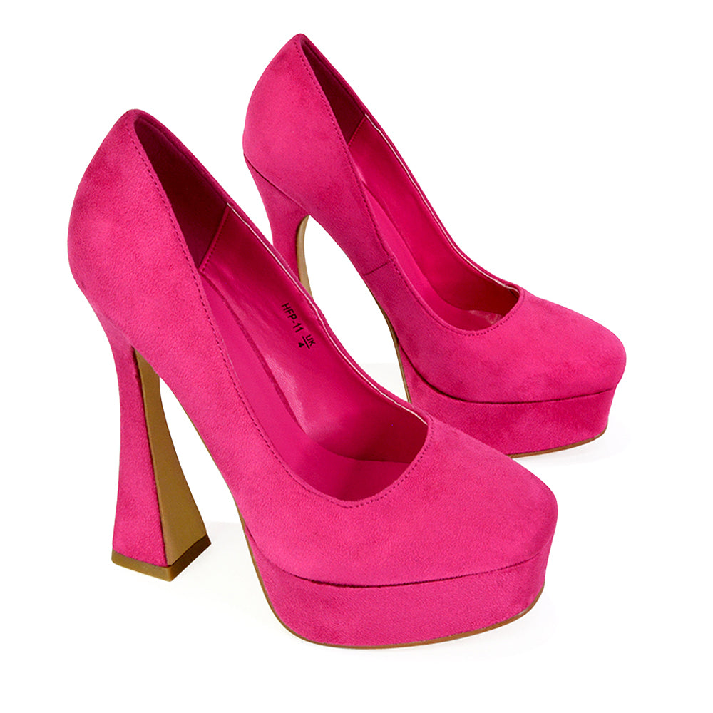 Karlie Flared Curved Stiletto Platform High Heel Court Shoes in Fuchsia