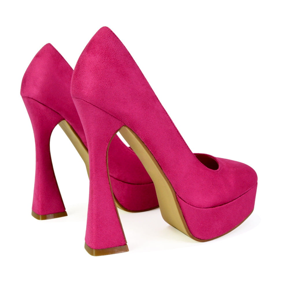 Karlie Flared Curved Stiletto Platform High Heel Court Shoes in Fuchsia