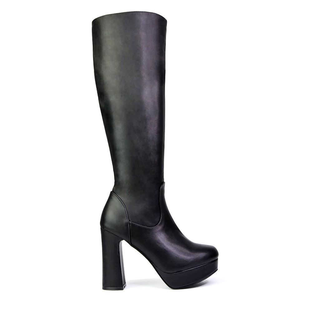 Theo Super Chunky Block High Heel Platform Knee High Boots For Winter in Black Synthetic Leather