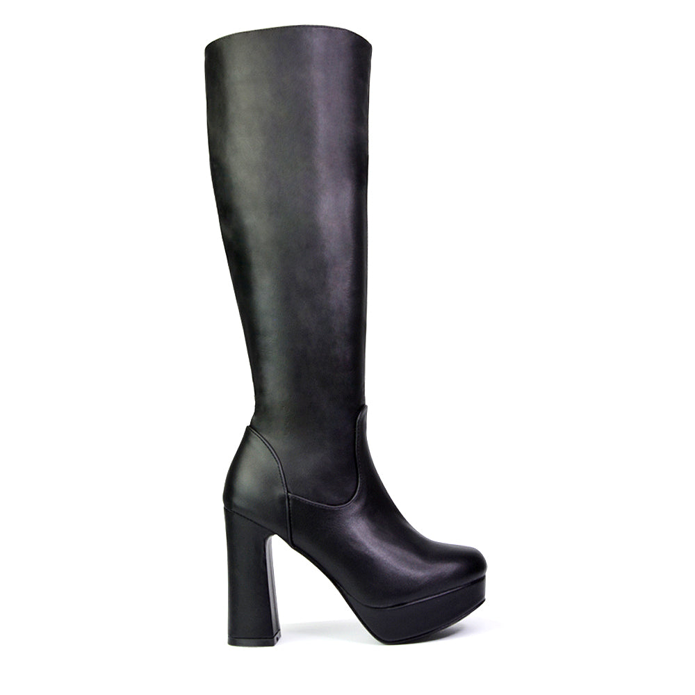 Theo Super Chunky Block High Heel Platform Knee High Boots For Winter in Black Croc