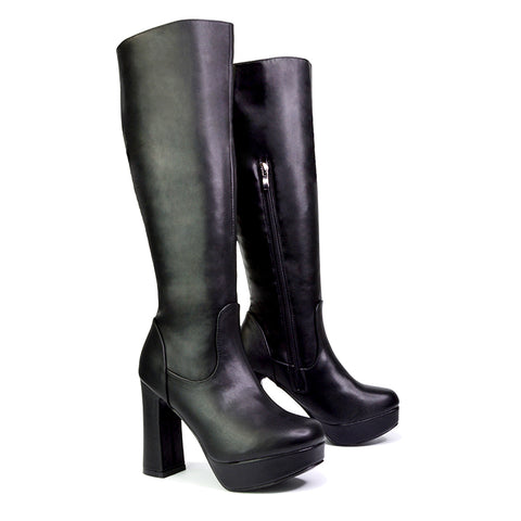 Theo Super Chunky Block High Heel Platform Knee High Boots For Winter in Black Croc