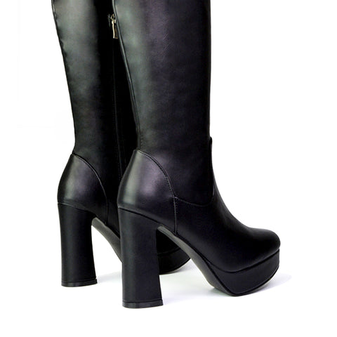 Theo Super Chunky Block High Heel Platform Knee High Boots For Winter in Black Synthetic Leather