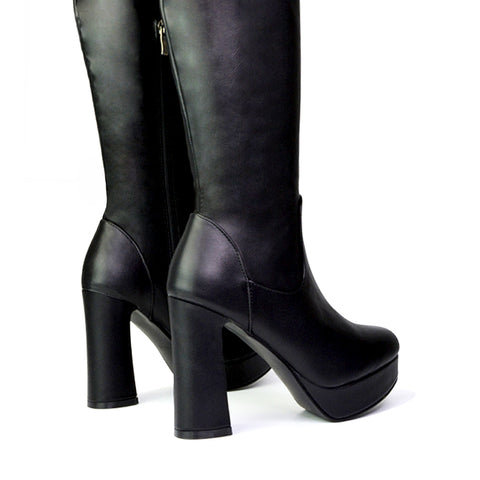 Theo Super Chunky Block High Heel Platform Knee High Boots For Winter in Black Croc