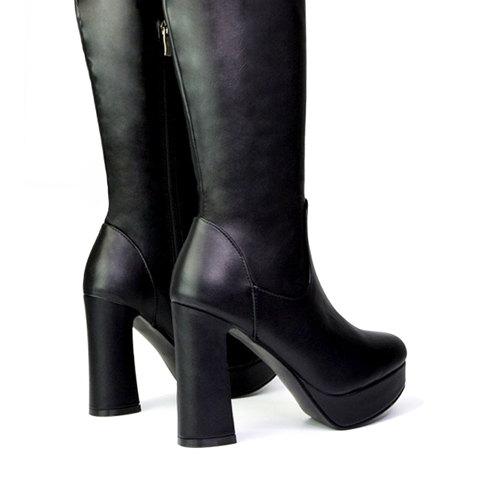 Theo Super Chunky Block High Heel Platform Knee High Boots For Winter in White Synthetic Leather