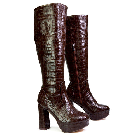 Theo Super Chunky Block High Heel Platform Knee High Boots For Winter in Brown Croc