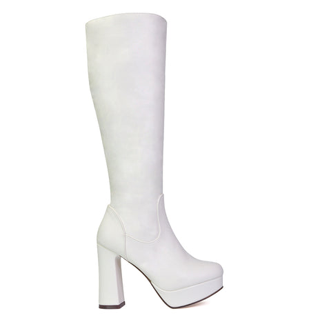 Theo Super Chunky Block High Heel Platform Knee High Boots For Winter in White Synthetic Leather