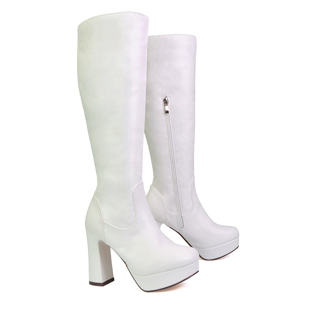 Theo Super Chunky Block High Heel Platform Knee High Boots For Winter in White Synthetic Leather