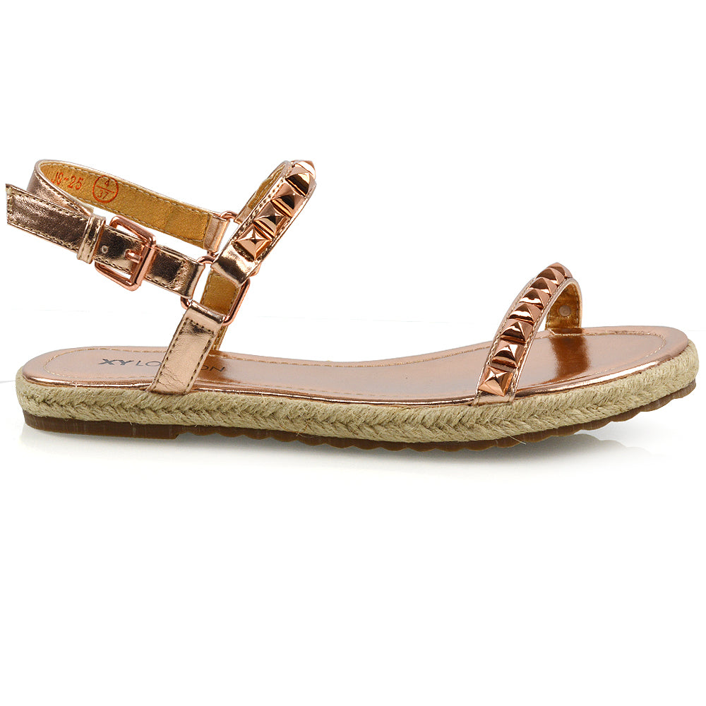 Ashden Studded Flat Cork Sole Summer Sandals With Ankle Strap in Rose Gold