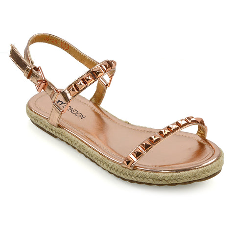 Ashden Studded Flat Cork Sole Summer Sandals With Ankle Strap in Rose Gold