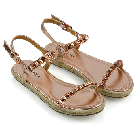 Ashden Studded Flat Cork Sole Summer Sandals With Ankle Strap in Rose Gold