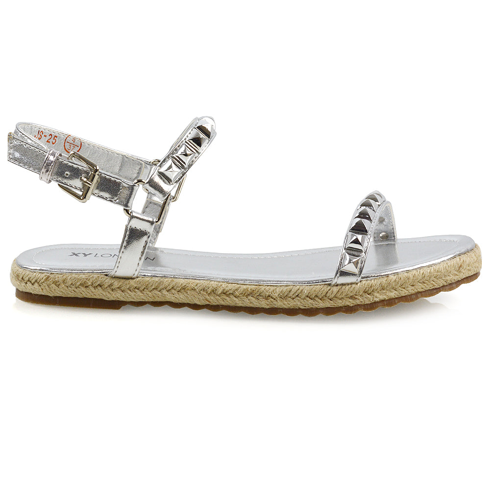Ashden Studded Flat Cork Sole Summer Sandals With Ankle Strap in Silver