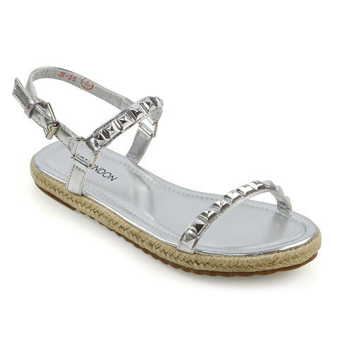 Ashden Studded Flat Cork Sole Summer Sandals With Ankle Strap in Silver