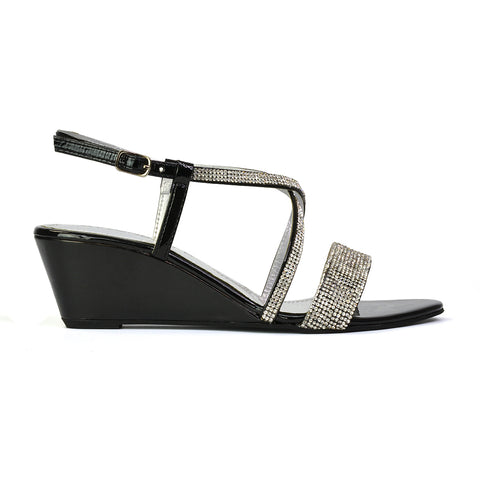 Ocean Sparkly Gem Crystal Diamante Ankle Strap Sandal Wedge Heel in Black