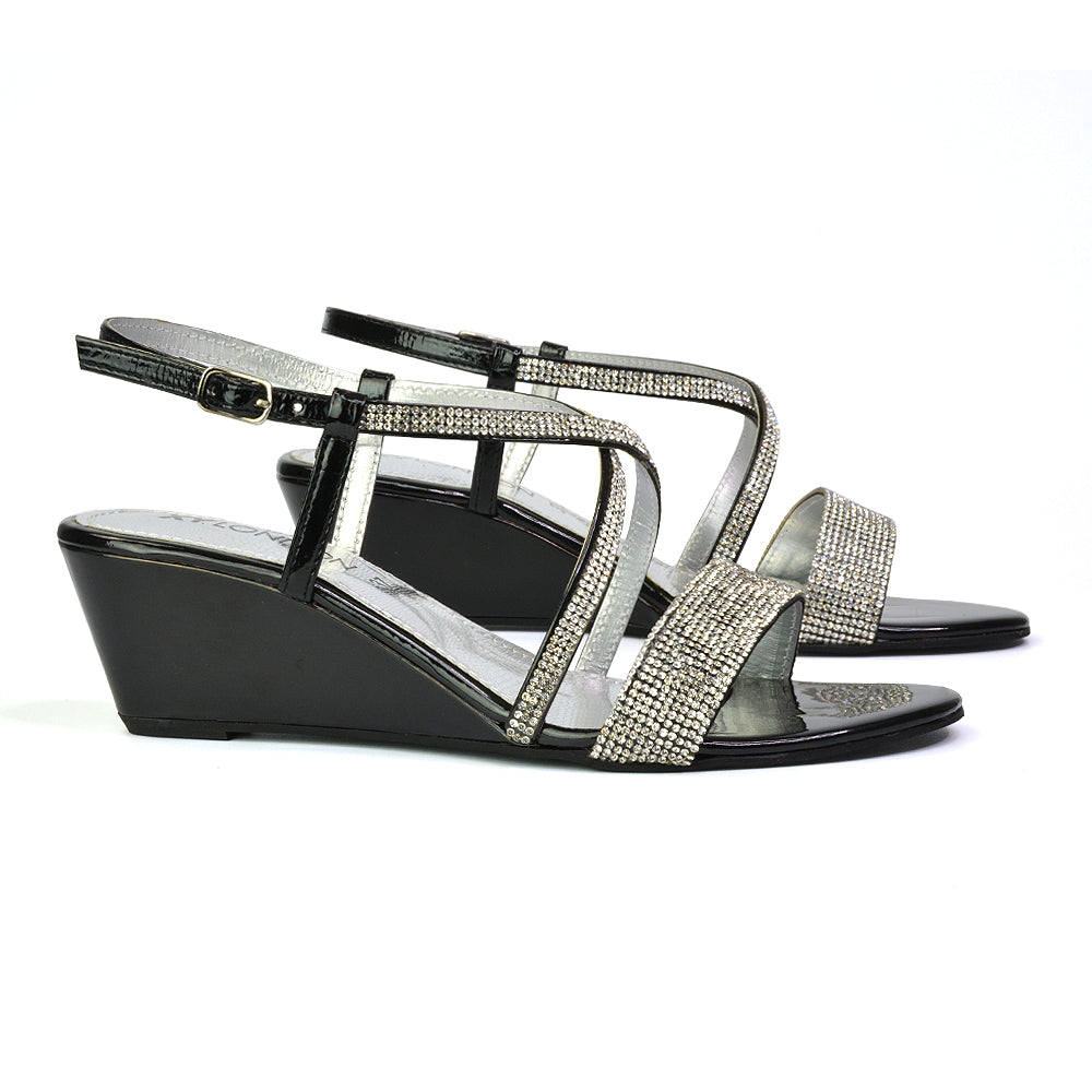 Ocean Sparkly Gem Crystal Diamante Ankle Strap Sandal Wedge Heel in Black