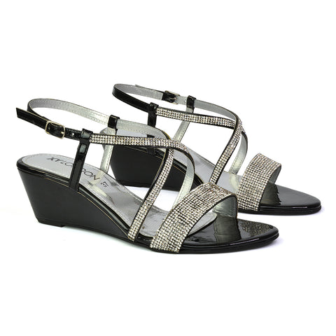 Ocean Sparkly Gem Crystal Diamante Ankle Strap Sandal Wedge Heel in Black