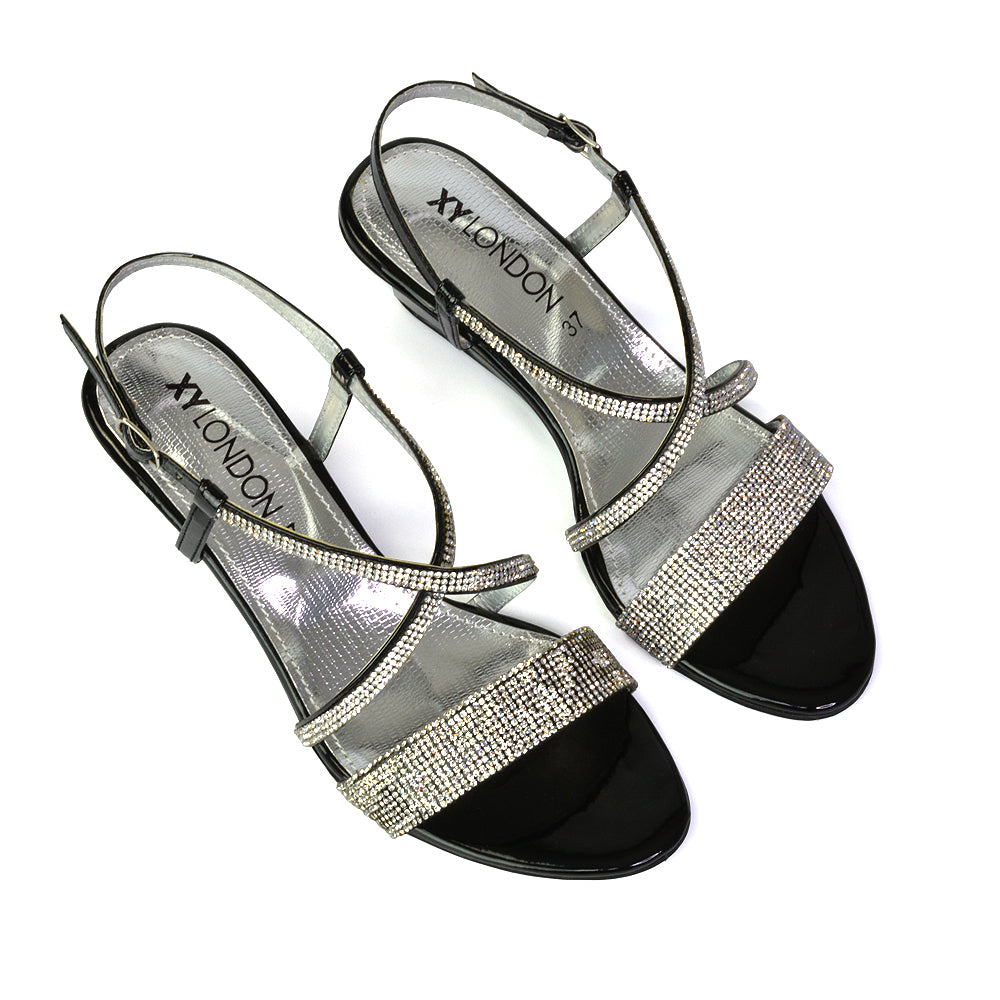 Ocean Sparkly Gem Crystal Diamante Ankle Strap Sandal Wedge Heel in Black