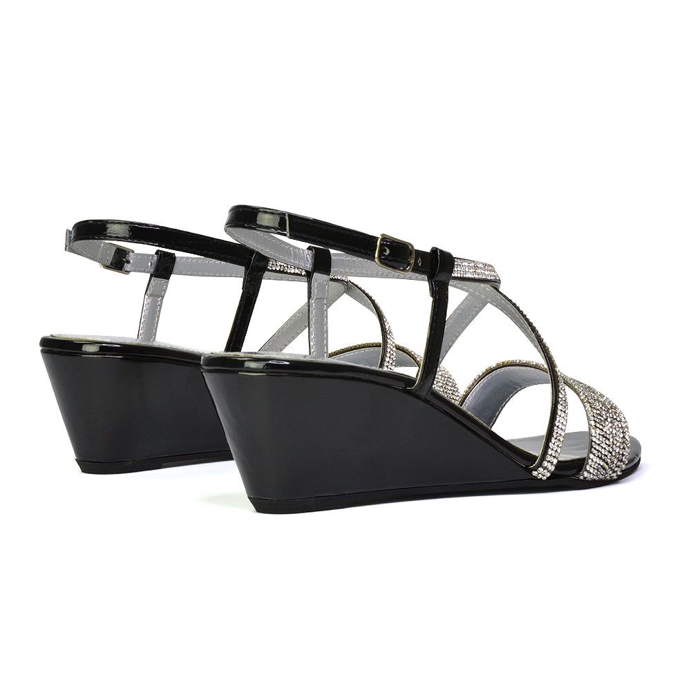 Ocean Sparkly Gem Crystal Diamante Ankle Strap Sandal Wedge Heel in Black