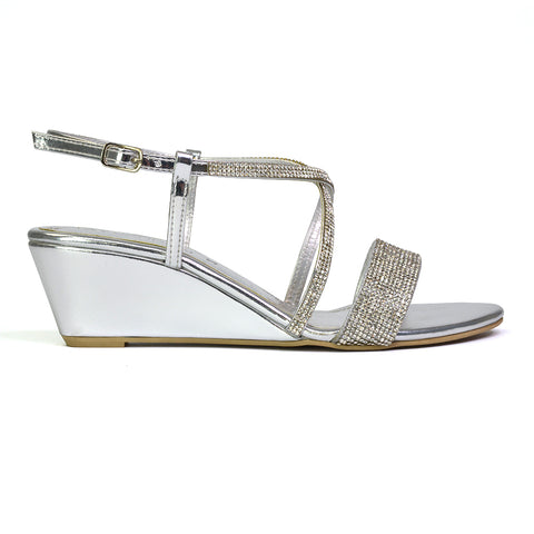 Ocean Sparkly Gem Crystal Diamante Ankle Strap Sandal Wedge Heel in Black