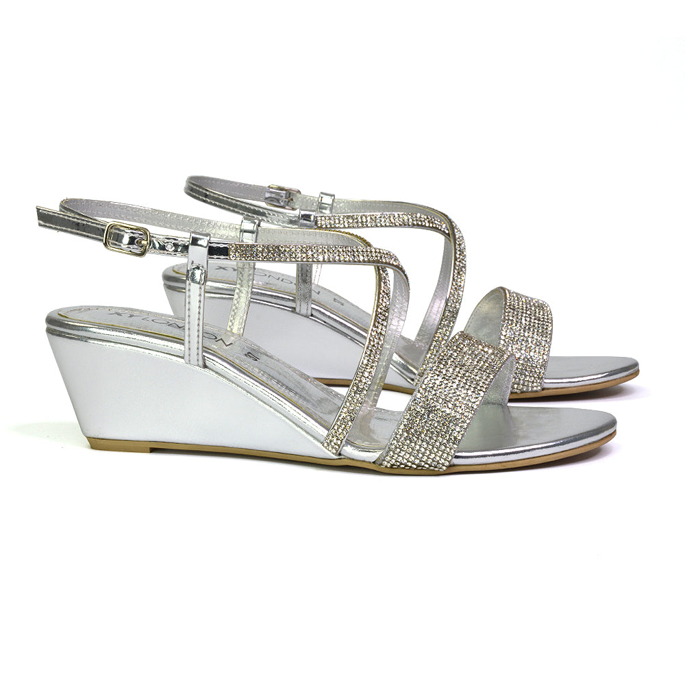 Ocean Sparkly Gem Crystal Diamante Ankle Strap Sandal Wedge Heel in Black