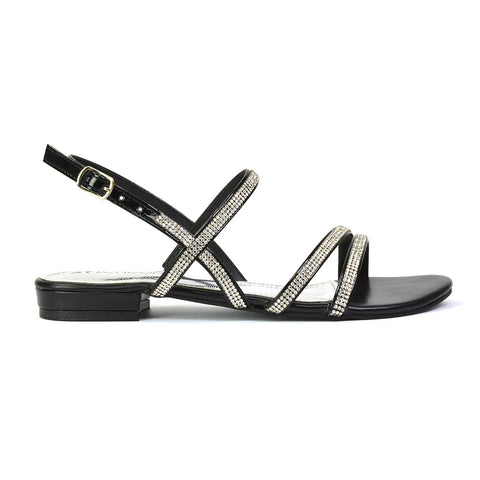 Orla Buckle Strappy Summer Sparkly Flat Diamante Sandals Bridal Flats in Black