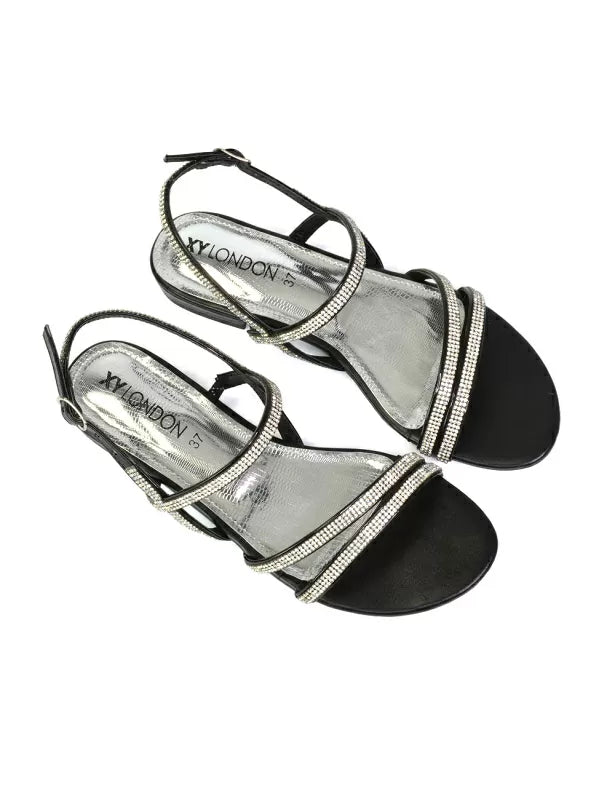 Orla Buckle Strappy Summer Sparkly Flat Diamante Sandals Bridal Flats in Silver