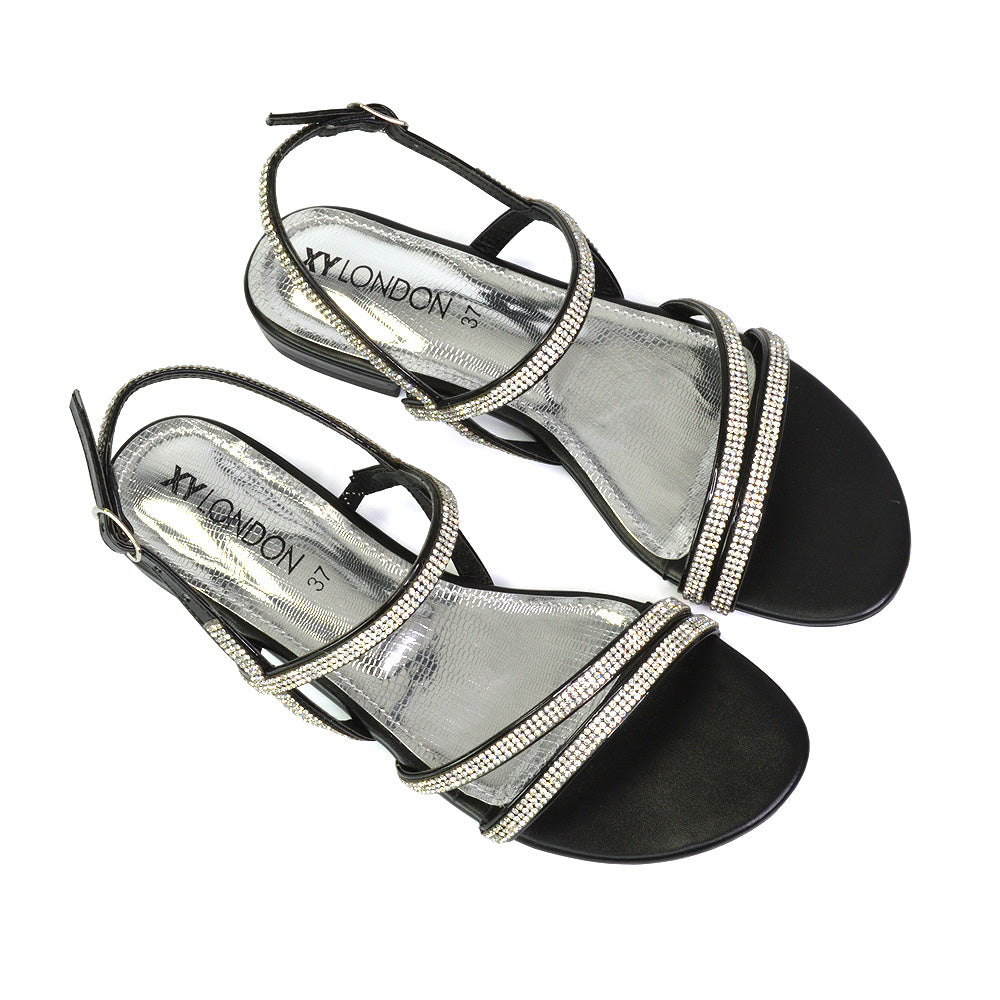 Orla Buckle Strappy Summer Sparkly Flat Diamante Sandals Bridal Flats in Black