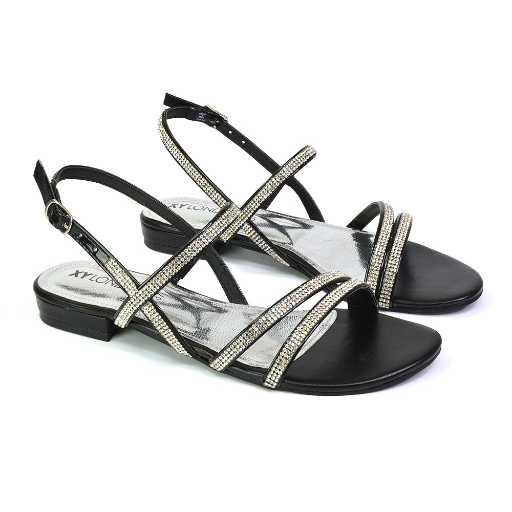 Orla Buckle Strappy Summer Sparkly Flat Diamante Sandals Bridal Flats in Black