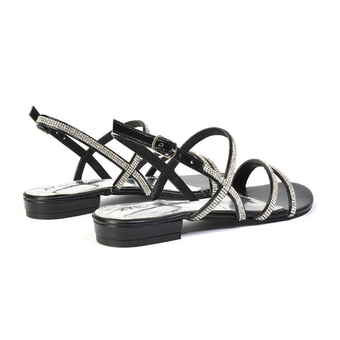 Orla Buckle Strappy Summer Sparkly Flat Diamante Sandals Bridal Flats in Black