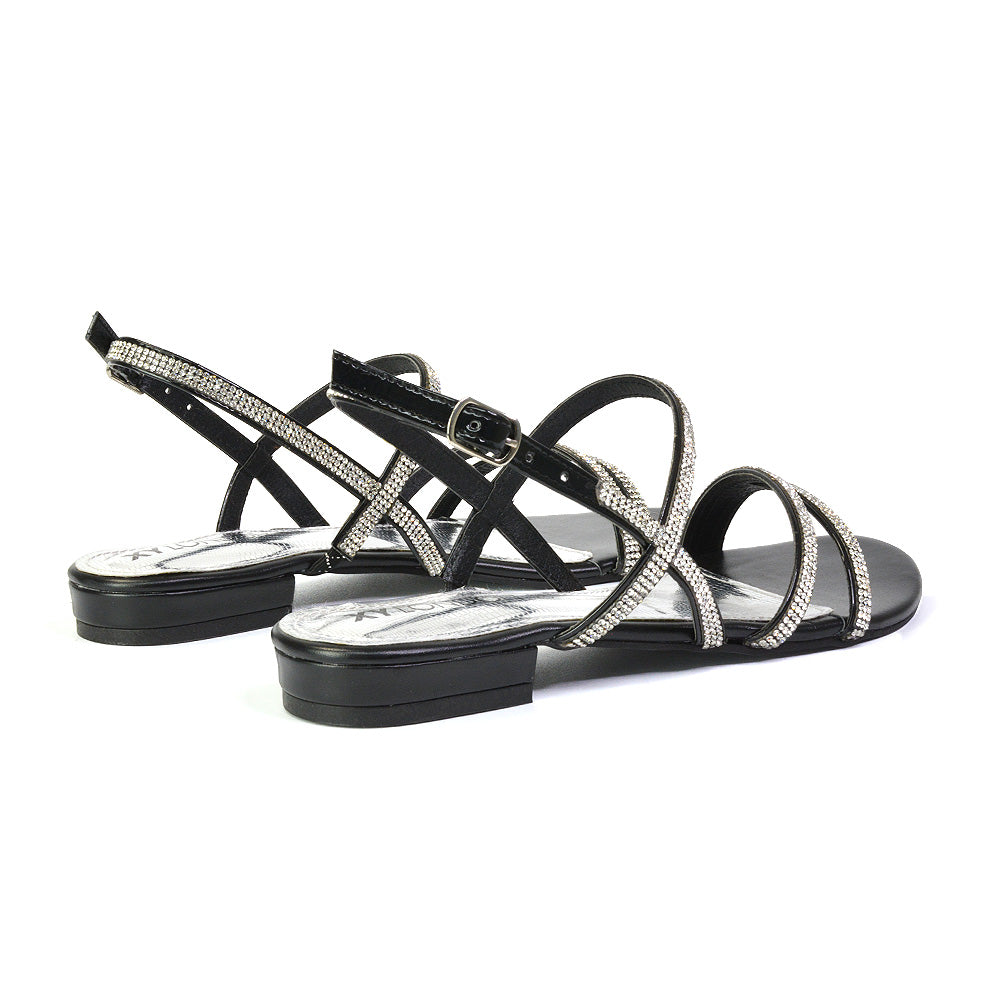 Orla Buckle Strappy Summer Sparkly Flat Diamante Sandals Bridal Flats in Silver