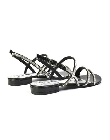 Orla Buckle Strappy Summer Sparkly Flat Diamante Sandals Bridal Flats in Black