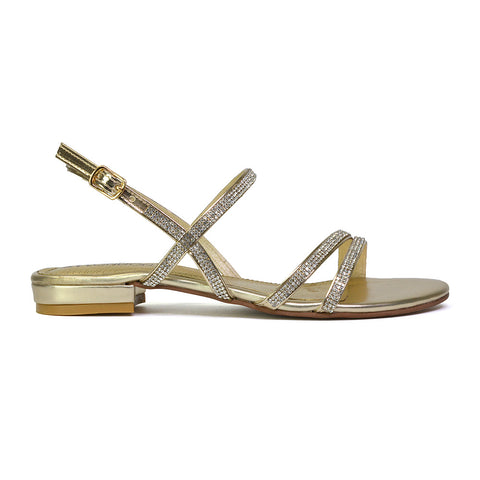 Orla Buckle Strappy Summer Sparkly Flat Diamante Sandals Bridal Flats in Gold