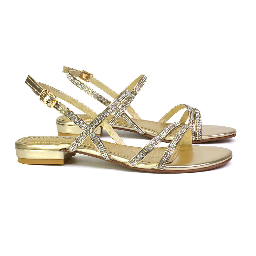 Orla Buckle Strappy Summer Sparkly Flat Diamante Sandals Bridal Flats in Silver