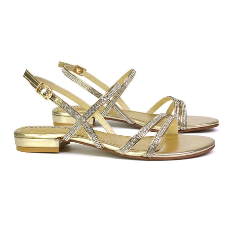 Orla Buckle Strappy Summer Sparkly Flat Diamante Sandals Bridal Flats in Gold