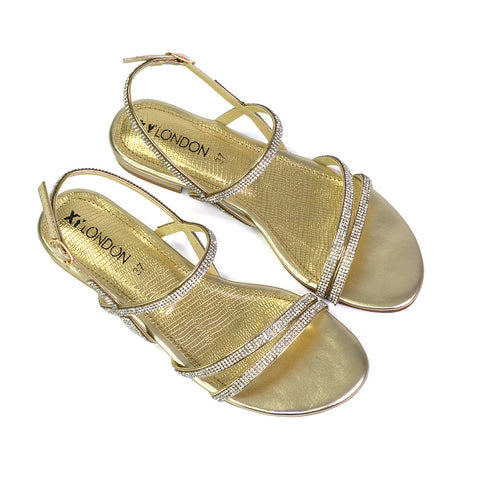 Orla Buckle Strappy Summer Sparkly Flat Diamante Sandals Bridal Flats in Gold