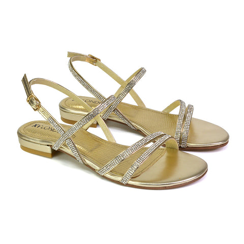 Orla Buckle Strappy Summer Sparkly Flat Diamante Sandals Bridal Flats in Gold