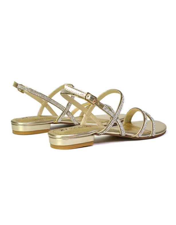 gold diamante flat sandals