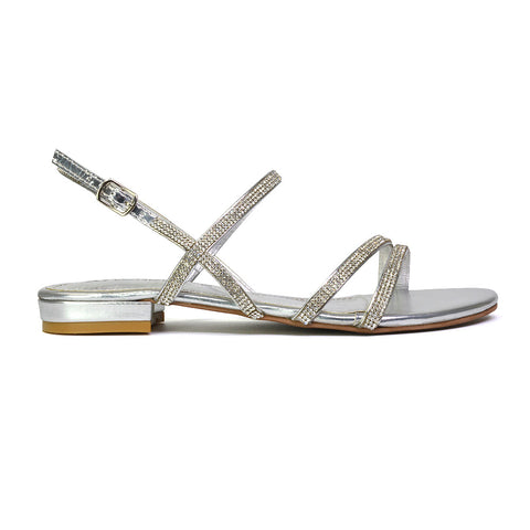 Orla Buckle Strappy Summer Sparkly Flat Diamante Sandals Bridal Flats in Gold