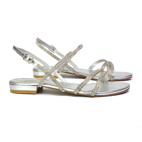 Orla Buckle Strappy Summer Sparkly Flat Diamante Sandals Bridal Flats in Gold