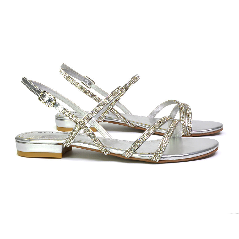 Orla Buckle Strappy Summer Sparkly Flat Diamante Sandals Bridal Flats in Black