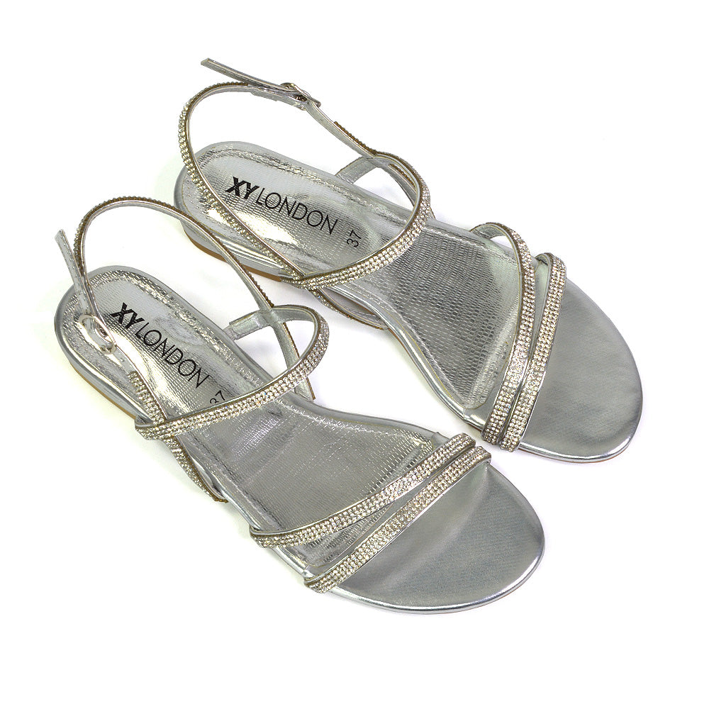 Orla Buckle Strappy Summer Sparkly Flat Diamante Sandals Bridal Flats in Gold