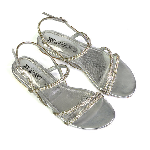 Orla Buckle Strappy Summer Sparkly Flat Diamante Sandals Bridal Flats in Black