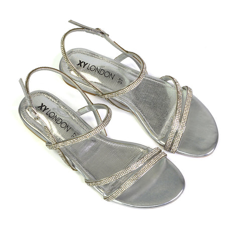 Orla Buckle Strappy Summer Sparkly Flat Diamante Sandals Bridal Flats in Silver