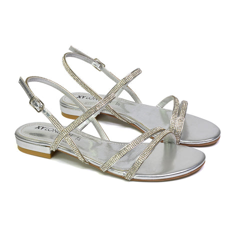 Orla Buckle Strappy Summer Sparkly Flat Diamante Sandals Bridal Flats in Silver